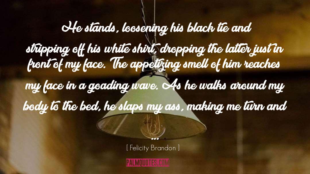 Felicity Brandon Quotes: He stands, loosening his black