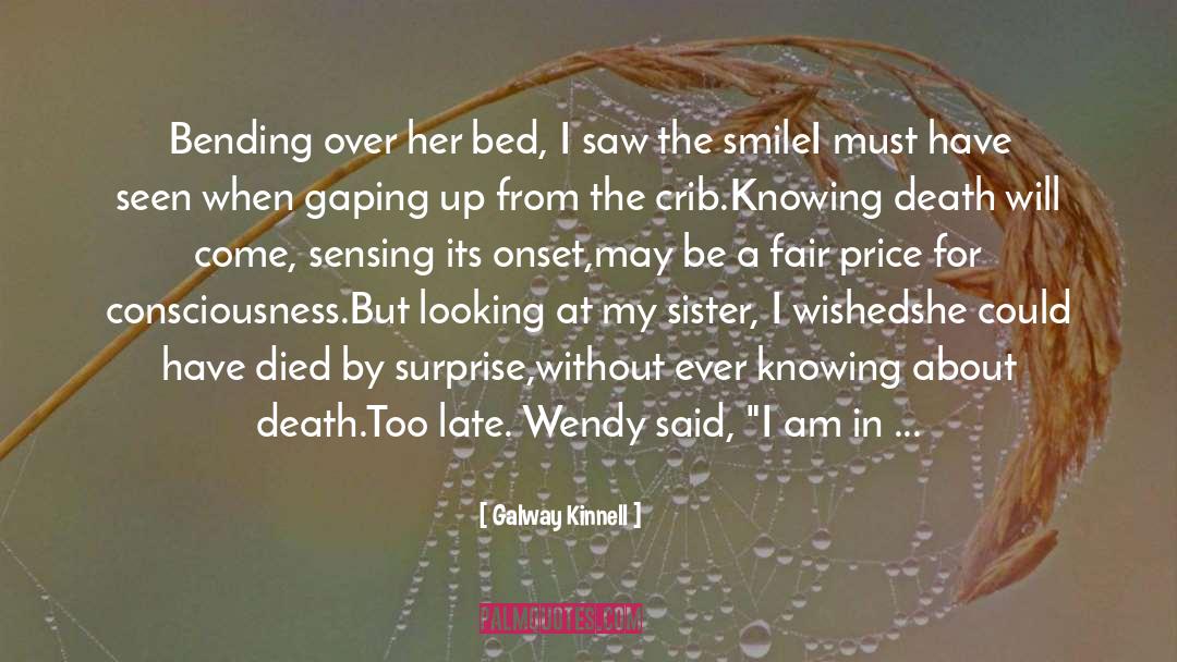 Galway Kinnell Quotes: Bending over her bed, I
