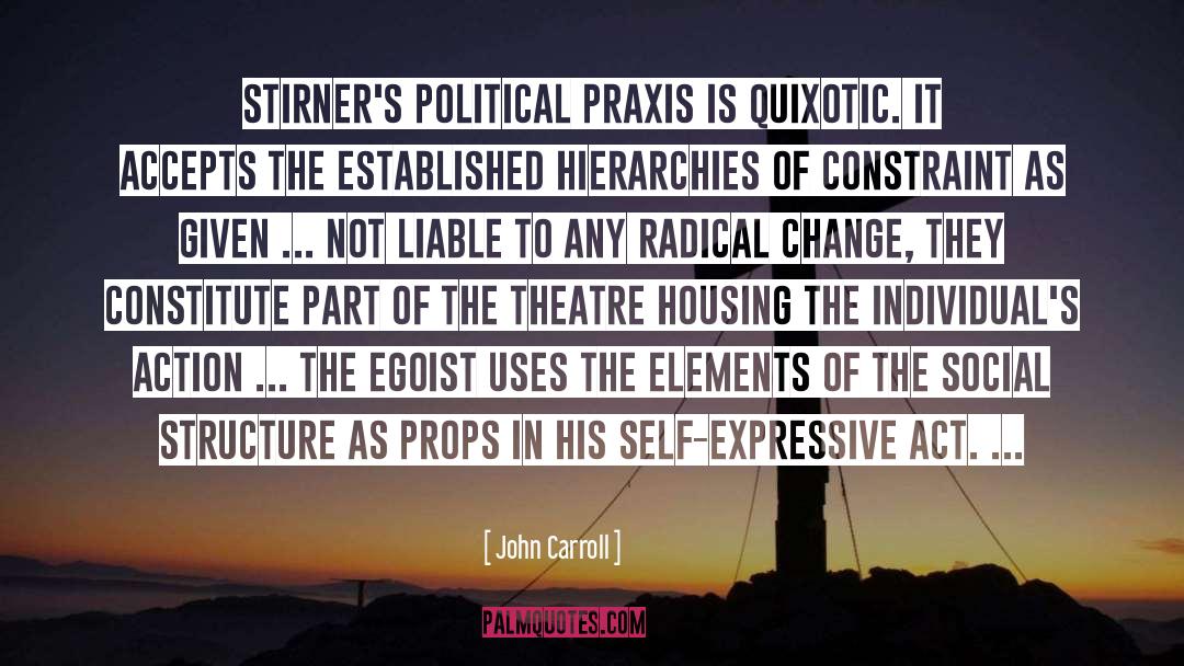 John Carroll Quotes: Stirner's political praxis is quixotic.