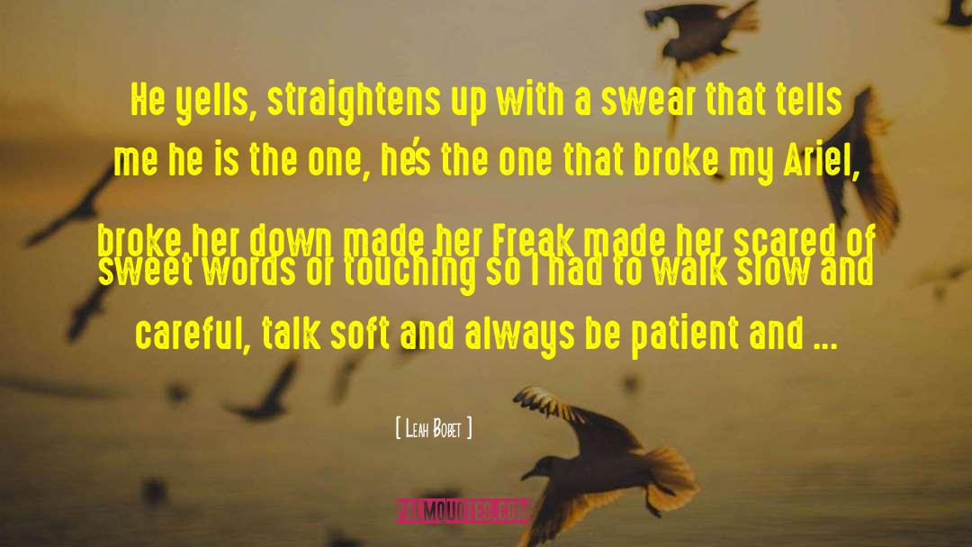 Leah Bobet Quotes: He yells, straightens up with