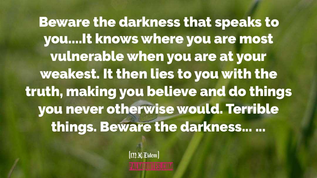 M.K. Eidem Quotes: Beware the darkness that speaks