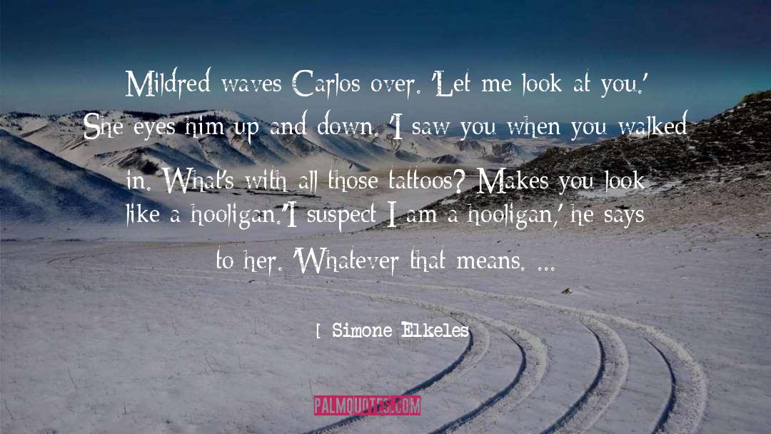 Simone Elkeles Quotes: Mildred waves Carlos over. 'Let