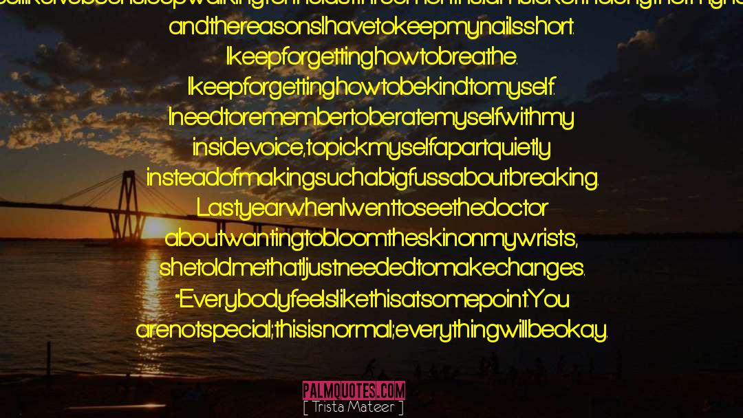 Trista Mateer Quotes: IfeellikeI'vebeensleepwalkingforthelastthreemonths.Iamsickofthelengthofmyhair andthereasonsIhavetokeepmynailsshort. Ikeepforgettinghowtobreathe. Ikeepforgettinghowtobekindtomyself. Ineedtoremembertoberatemyselfwithmy